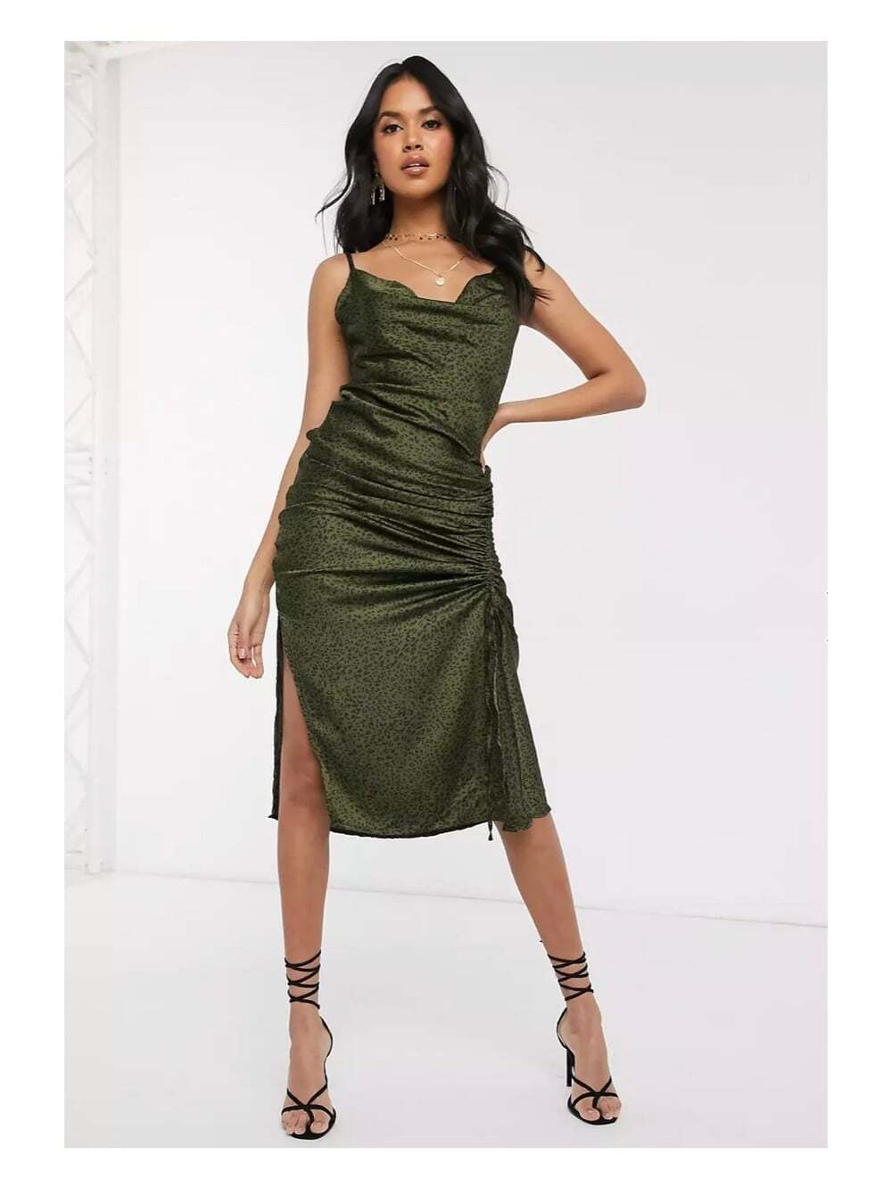 AX Paris Olive Green Leopard Print Satin Maxi Dress Y2K Cowl Neck Ruched M